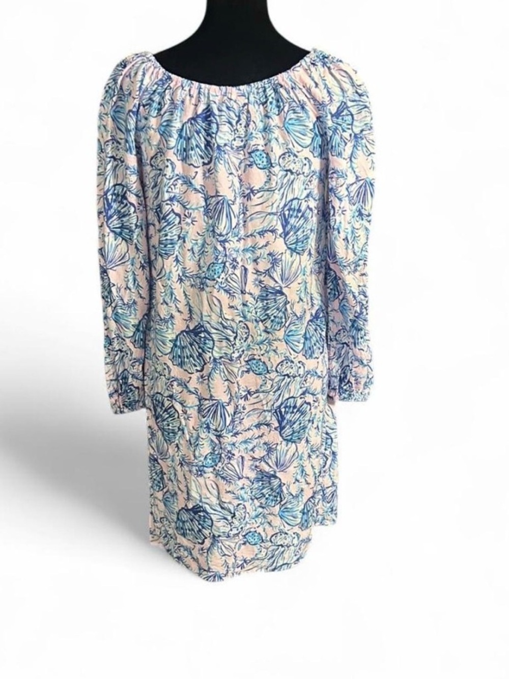 Lilly Pulitzer Pink Blue Seashell Print Dress XS 3/4 Sleeve Tunic Shift Pom Trim - Picture 5 of 6